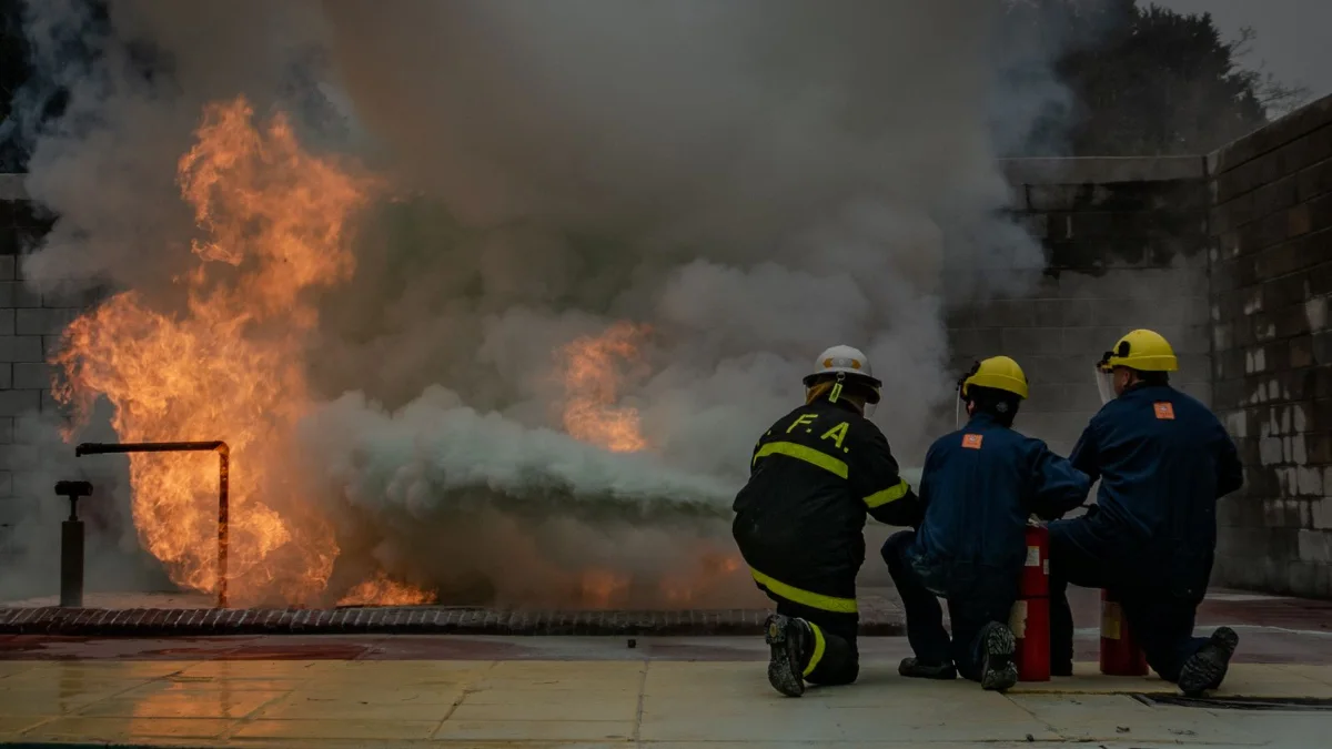 Squadra antincendio durante una esercitazione con fiamme