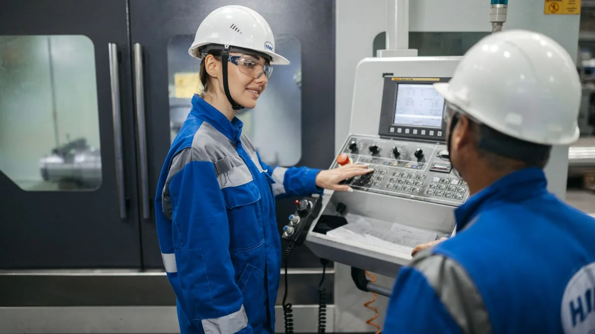 Lavoratori in formazione davanti a un macchinario industriale